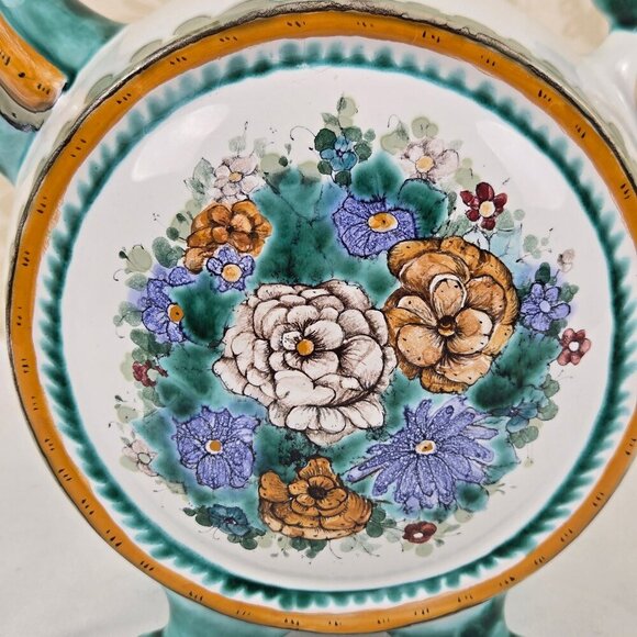 Vintage Hand Painted Footed Ceramic Water Pitcher Green White Floral Signed 1994 - Picture 6 of 16